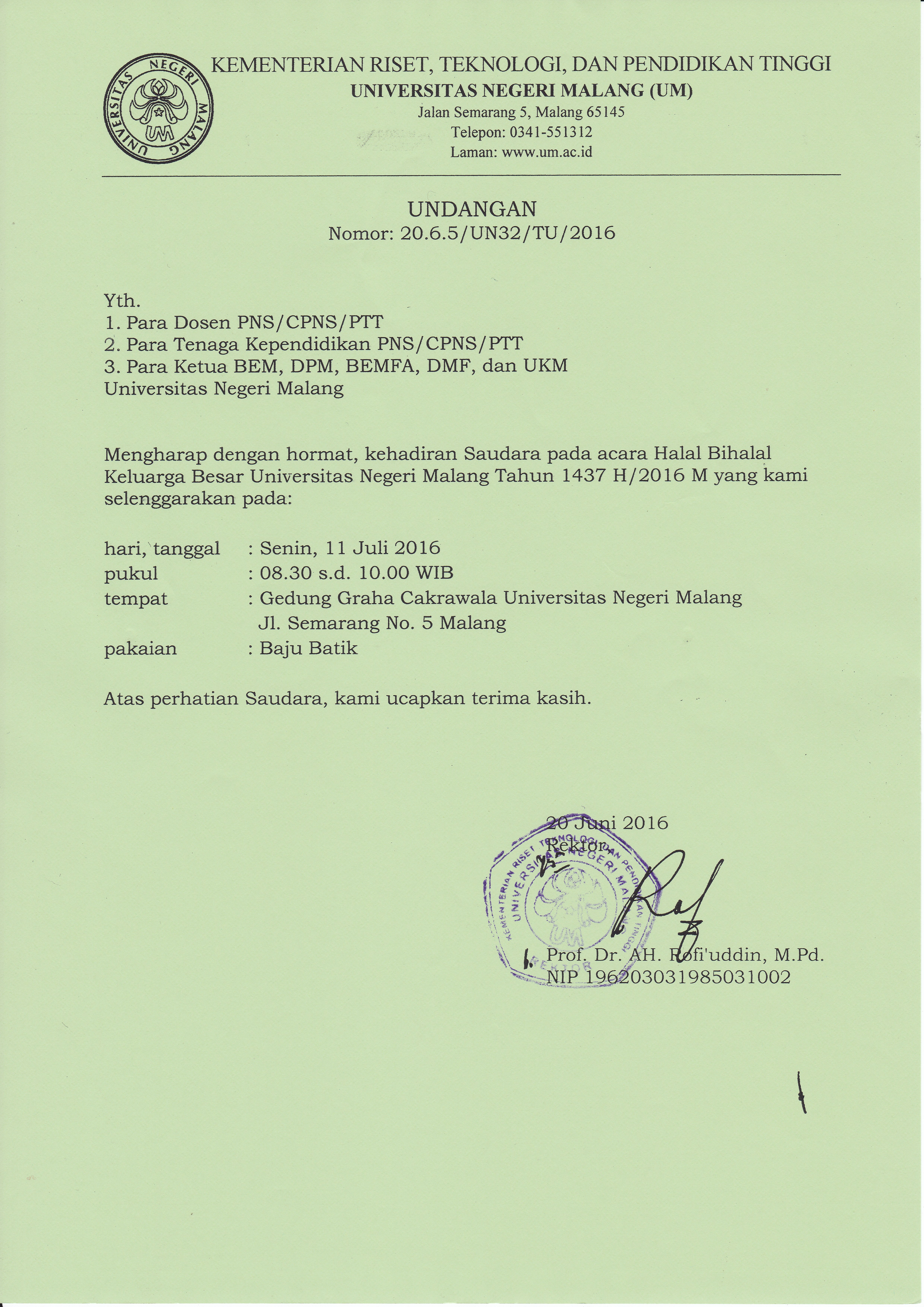 Undangan Halal Bihalal Universitas Negeri Malang Tahun 2016